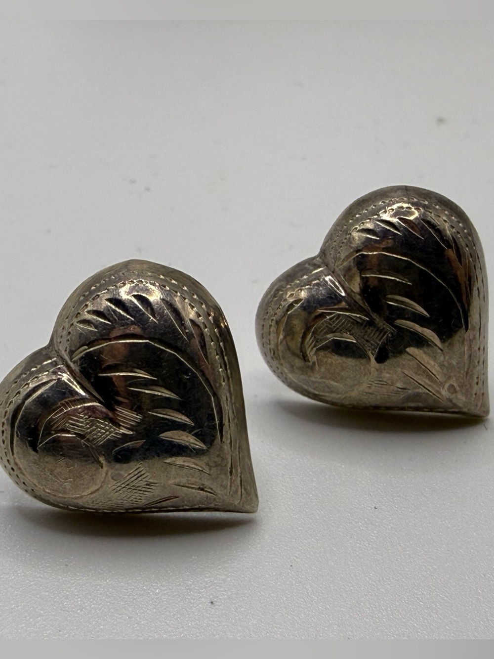 Vintage Sterling Silver Engraved Ouffed Heart Earrings (Need Backs)